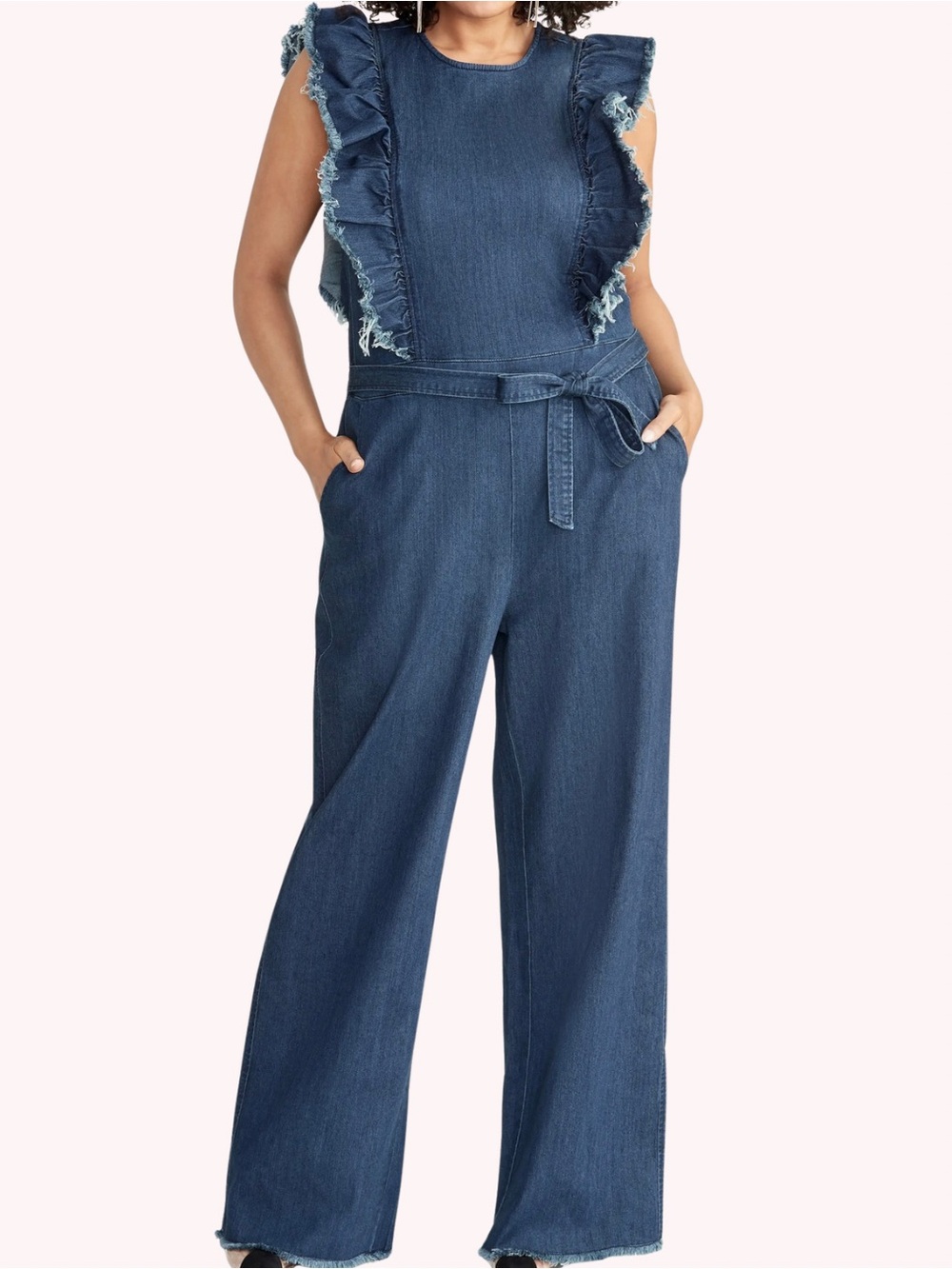 RACHEL Rachel Roy Nikita Frayed Ruffle Denim Wide Leg Jumpsuit